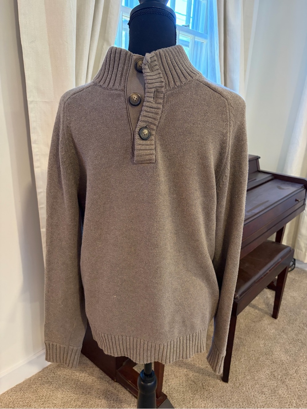 J. Crew Men's 100% Cotton Taupe Zip-Style Button-Neck Sweater